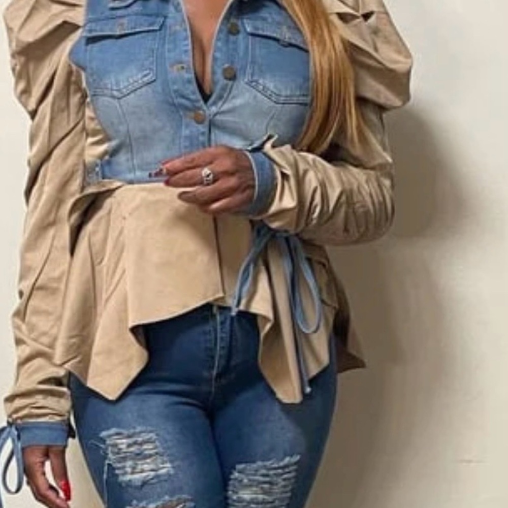 Denim and Tan Puff Sleeve shirt and vest - Picture 2 of 4